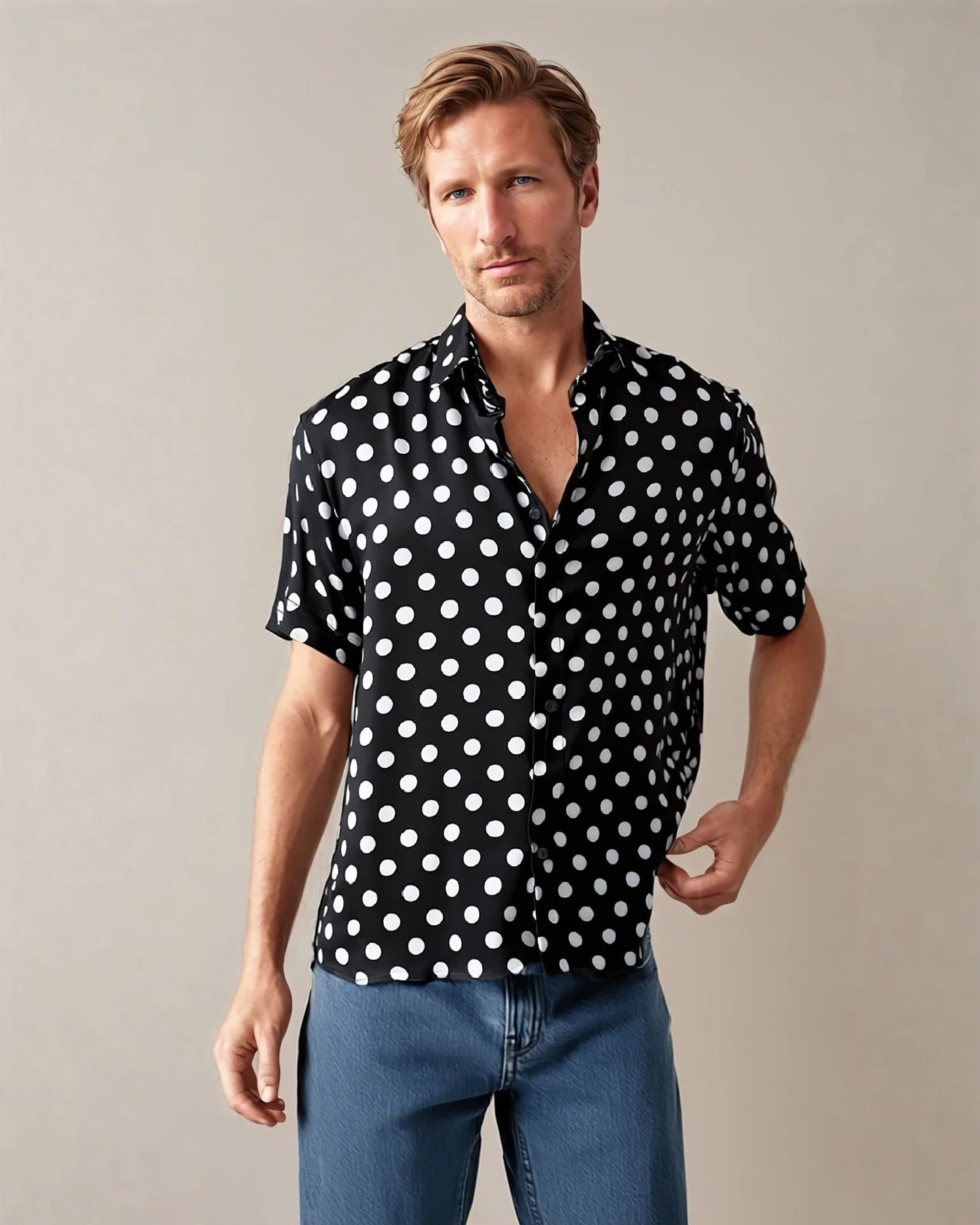 Polka Dot Viscose Short Sleeve Shirt (Black & White)